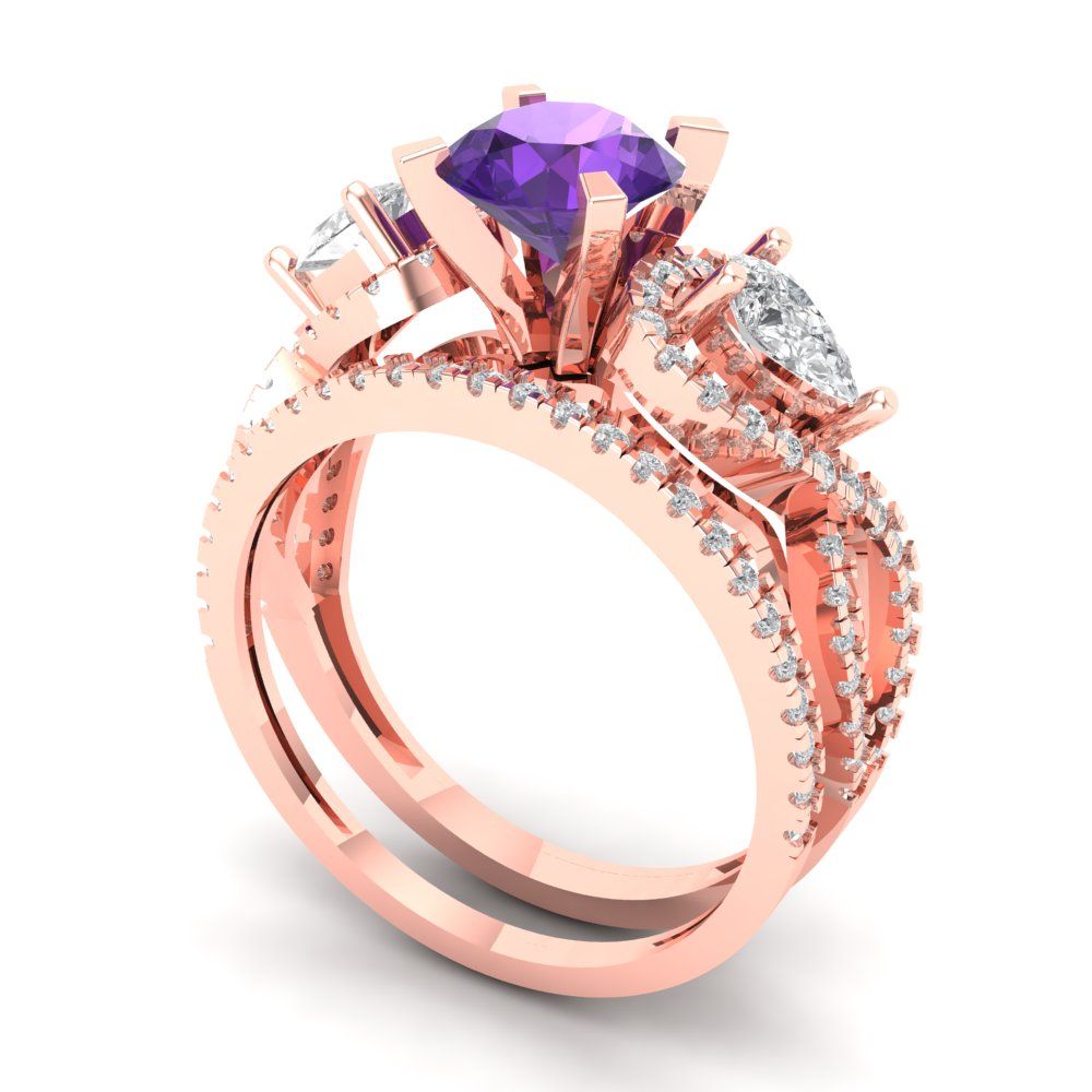 1.925 cttw Round Cut Natural Amethyst Bridal Set - Solid Rose Gold Engagement Ring & Wedding Band