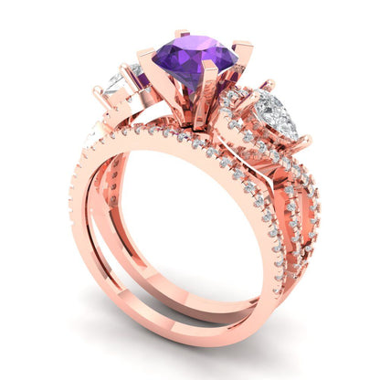 1.925 cttw Round Cut Natural Amethyst Bridal Set - Solid Rose Gold Engagement Ring & Wedding Band