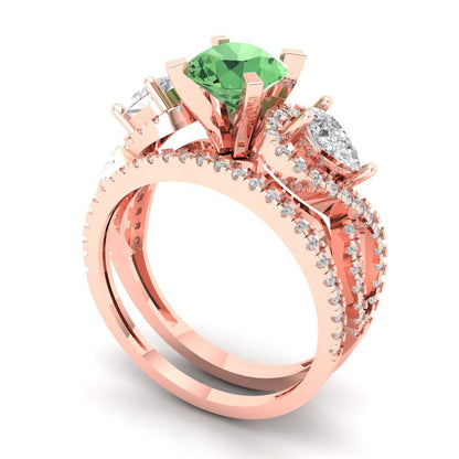 1.925 cttw Round Cut Simulated Green Diamond Bridal Set - Solid Rose Gold Engagement Ring & Wedding Band