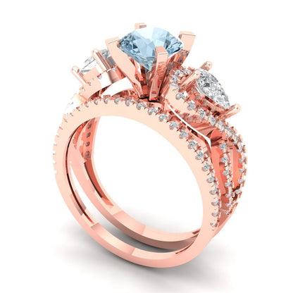 1.925 cttw Round Cut Simulated Blue Diamond Bridal Set - Solid Rose Gold Engagement Ring & Wedding Band