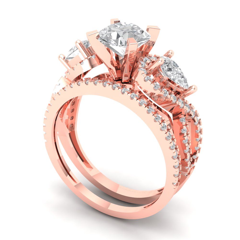 1.925 cttw Round Cut Moissanite Bridal Set - Solid Rose Gold Engagement Ring & Wedding Band