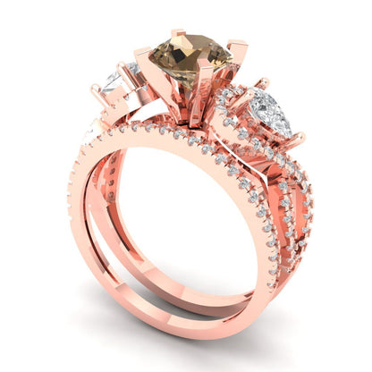 1.925 cttw Round Cut Simulated Champagne Diamond Bridal Set - Solid Rose Gold Engagement Ring & Wedding Band