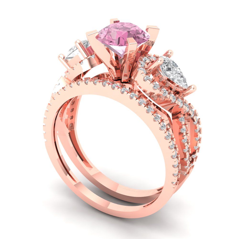 1.925 cttw Round Cut Simulated Pink Diamond Bridal Set - Solid Rose Gold Engagement Ring & Wedding Band