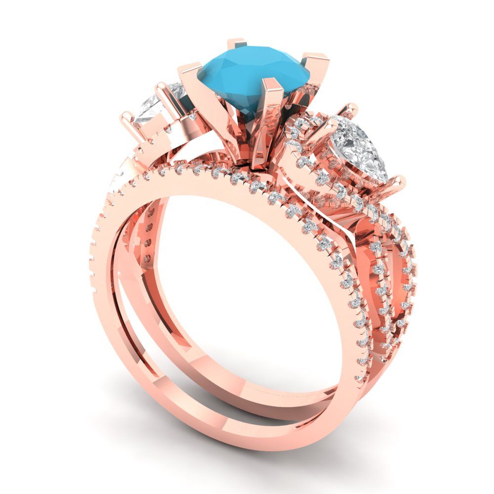 1.925 cttw Round Cut Simulated Turquoise Bridal Set - Solid Rose Gold Engagement Ring & Wedding Band