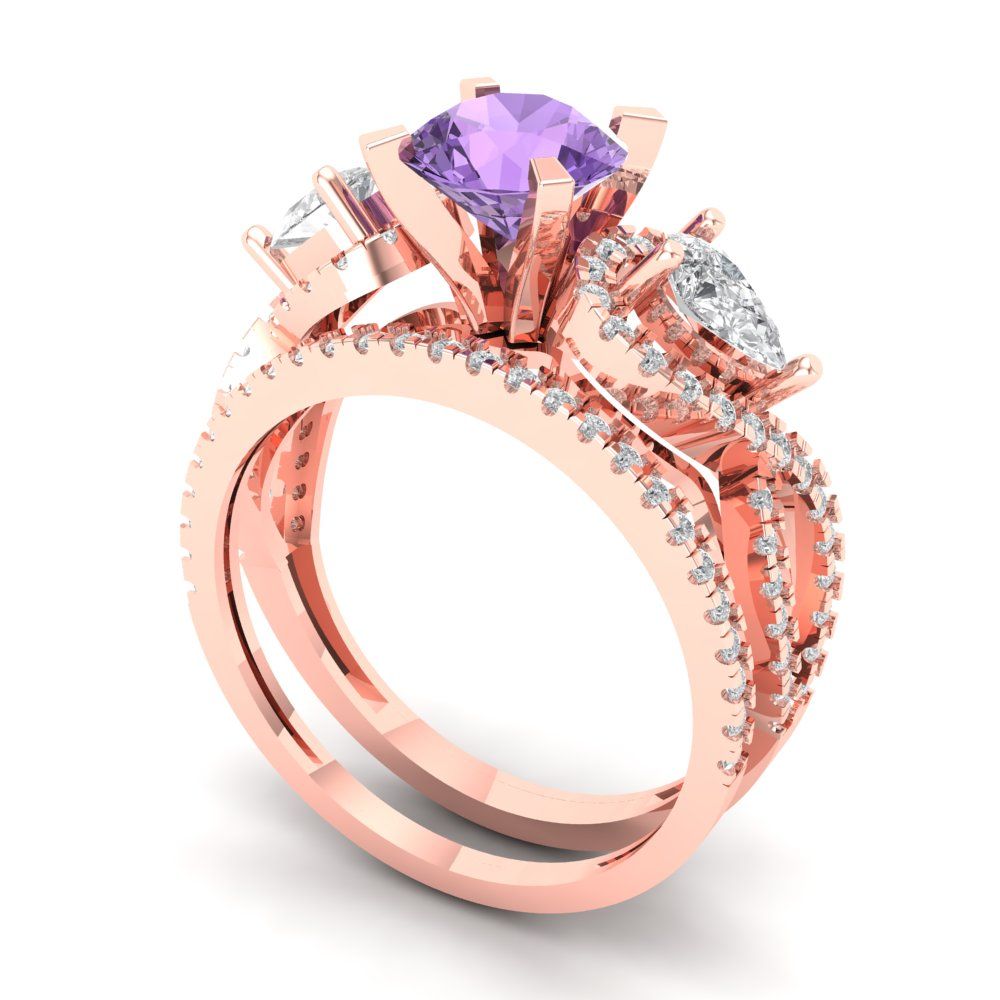 1.925 cttw Round Cut Simulated Alexandrite Bridal Set - Solid Rose Gold Engagement Ring & Wedding Band