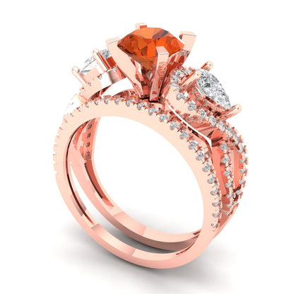1.925 cttw Round Cut Simulated Red Diamond Bridal Set - Solid Rose Gold Engagement Ring & Wedding Band
