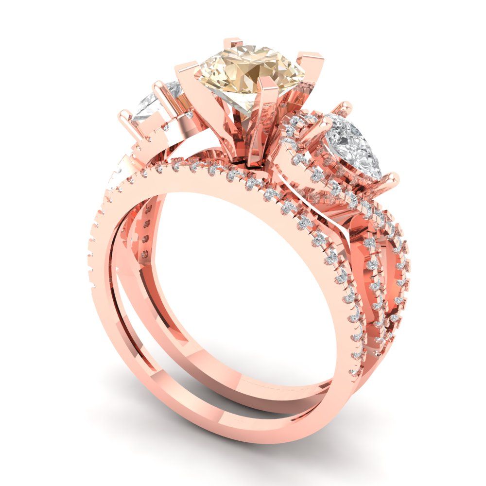 1.925 cttw Round Cut Natural Morganite Bridal Set - Solid Rose Gold Engagement Ring & Wedding Band