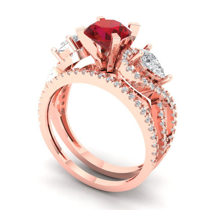 1.925 cttw Round Cut Simulated Pink Tourmaline Bridal Set - Solid Rose Gold Engagement Ring & Wedding Band