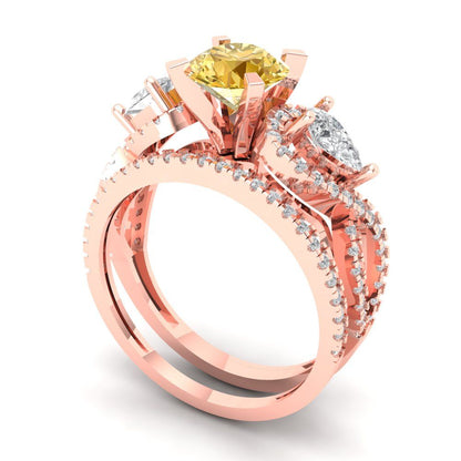 1.925 cttw Round Cut Simulated Yellow Diamond Bridal Set - Solid Rose Gold Engagement Ring & Wedding Band