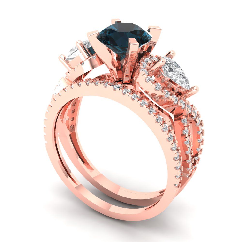 1.925 cttw Round Cut Natural London Blue Topaz Bridal Set - Solid Rose Gold Engagement Ring & Wedding Band
