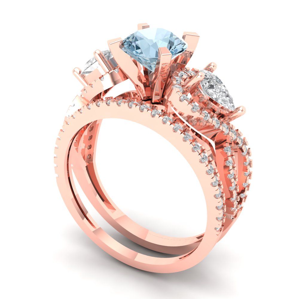 1.925 cttw Round Cut Natural Sky Blue Topaz Bridal Set - Solid Rose Gold Engagement Ring & Wedding Band