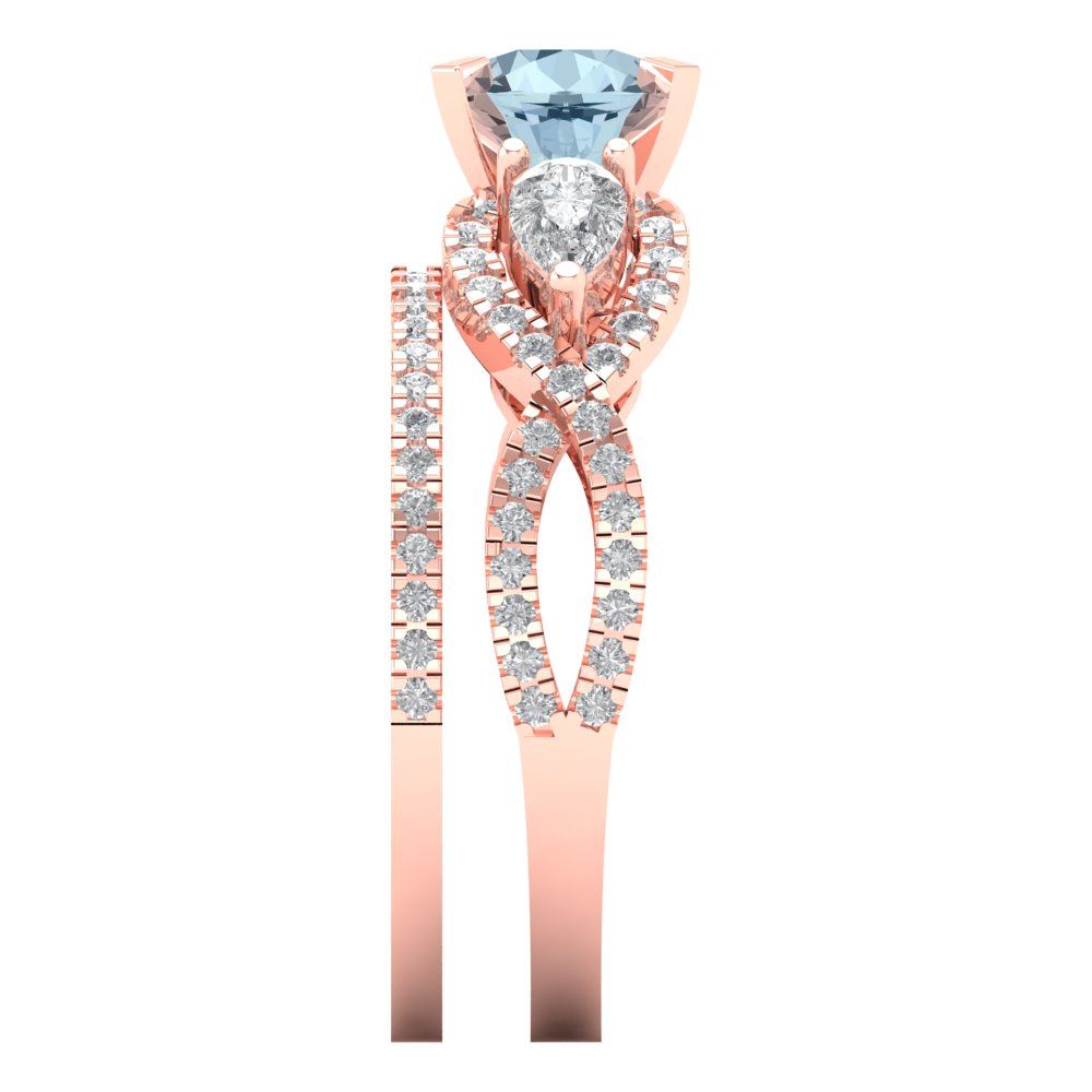 1.925 cttw Round Cut Natural Aquamarine Bridal Set - Solid Rose Gold Engagement Ring & Wedding Band