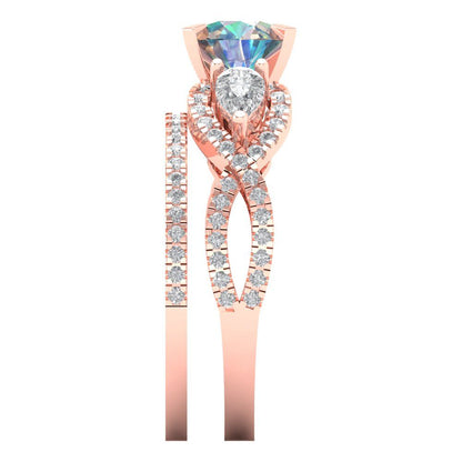 1.925 cttw Round Cut Blue Moissanite Bridal Set - Solid Rose Gold Engagement Ring & Wedding Band