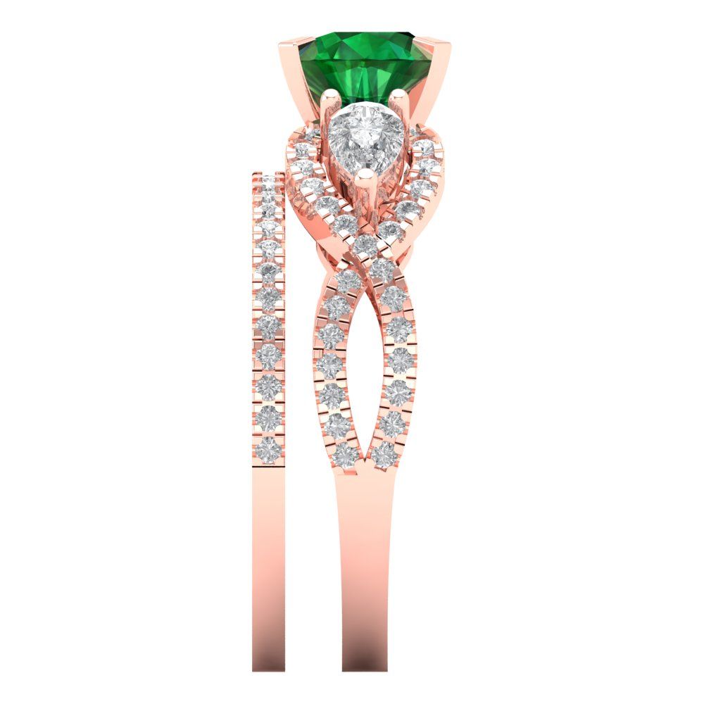 1.925 cttw Round Cut Simulated Emerald Bridal Set - Solid Rose Gold Engagement Ring & Wedding Band