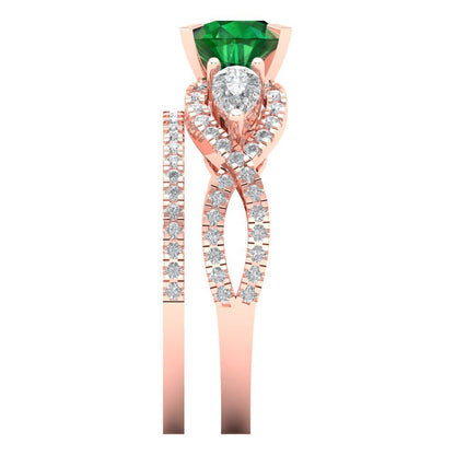 1.925 cttw Round Cut Simulated Emerald Bridal Set - Solid Rose Gold Engagement Ring & Wedding Band