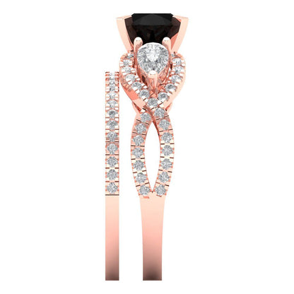 1.925 cttw Round Cut Natural Onyx Bridal Set - Solid Rose Gold Engagement Ring & Wedding Band