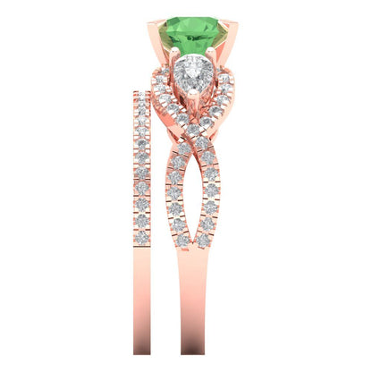 1.925 cttw Round Cut Simulated Green Diamond Bridal Set - Solid Rose Gold Engagement Ring & Wedding Band
