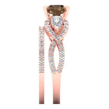 1.925 cttw Round Cut Simulated Champagne Diamond Bridal Set - Solid Rose Gold Engagement Ring & Wedding Band