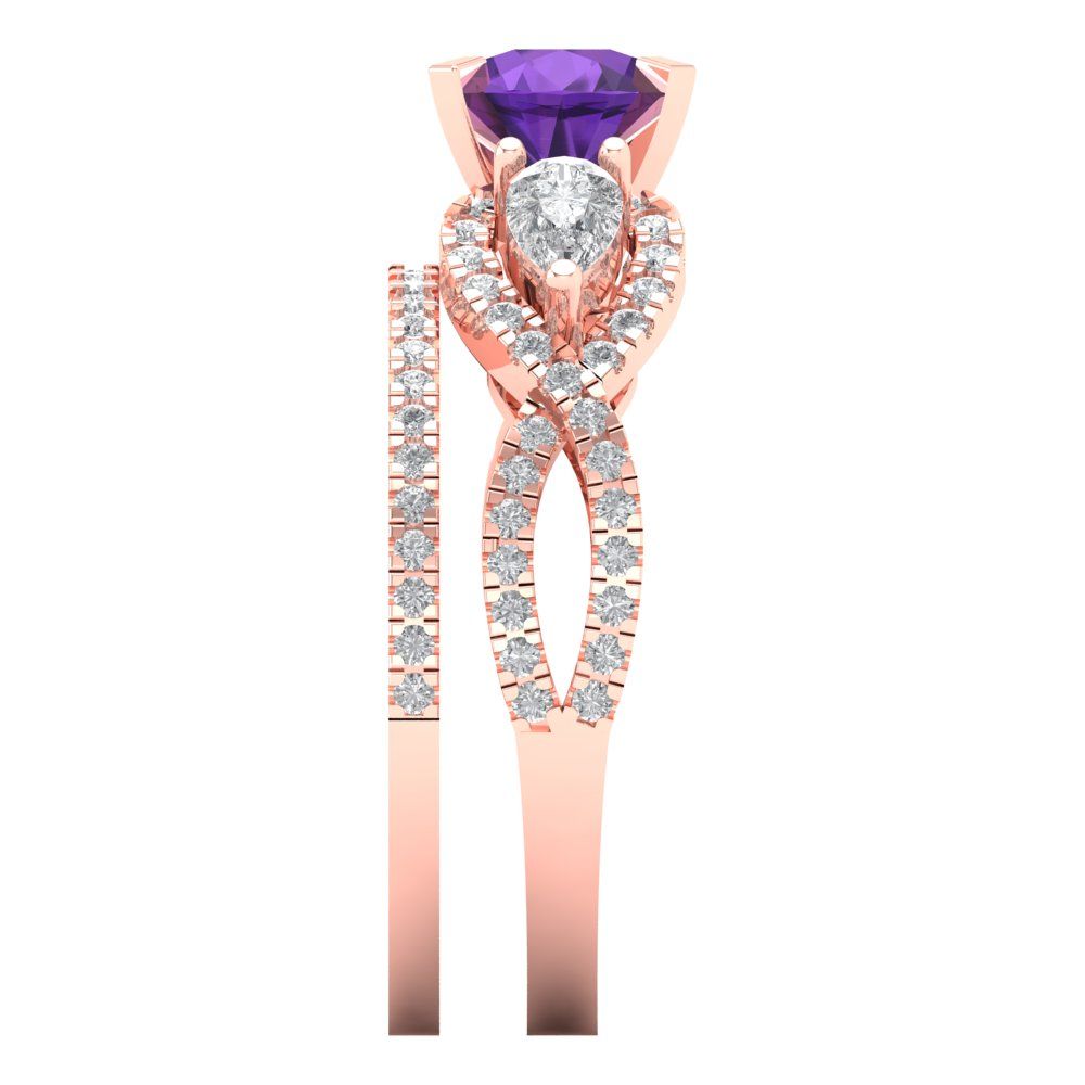 1.925 cttw Round Cut Natural Amethyst Bridal Set - Solid Rose Gold Engagement Ring & Wedding Band