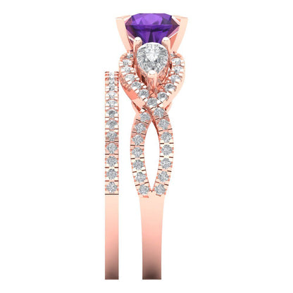 1.925 cttw Round Cut Natural Amethyst Bridal Set - Solid Rose Gold Engagement Ring & Wedding Band