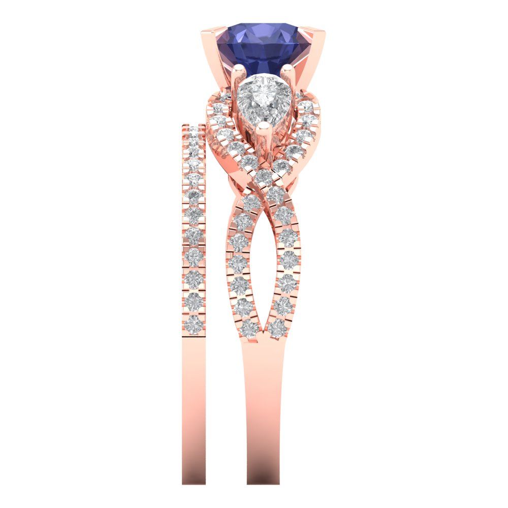 1.925 cttw Round Cut Simulated Tanzanite Bridal Set - Solid Rose Gold Engagement Ring & Wedding Band