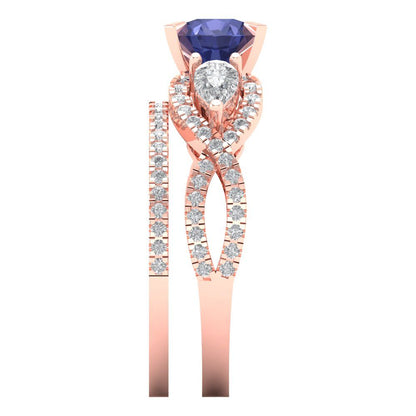 1.925 cttw Round Cut Simulated Tanzanite Bridal Set - Solid Rose Gold Engagement Ring & Wedding Band