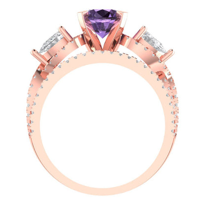 1.925 cttw Round Cut Simulated Alexandrite Bridal Set - Solid Rose Gold Engagement Ring & Wedding Band