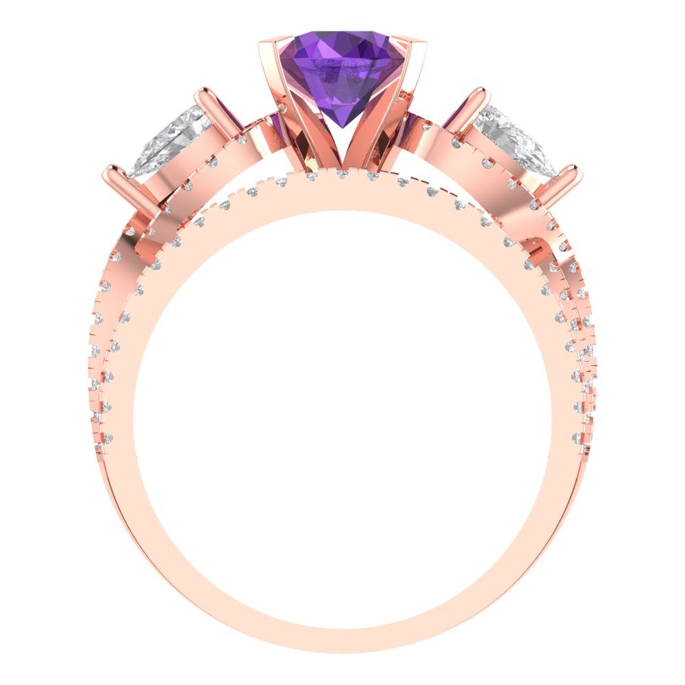 1.925 cttw Round Cut Natural Amethyst Bridal Set - Solid Rose Gold Engagement Ring & Wedding Band