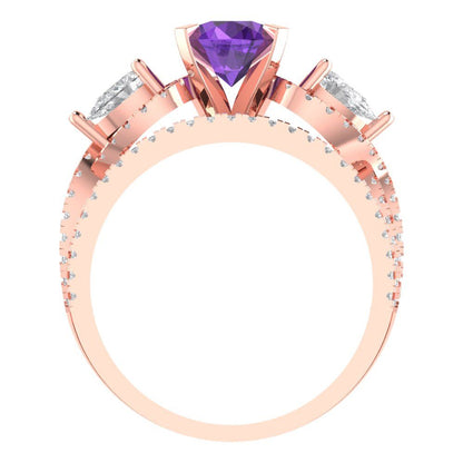 1.925 cttw Round Cut Natural Amethyst Bridal Set - Solid Rose Gold Engagement Ring & Wedding Band