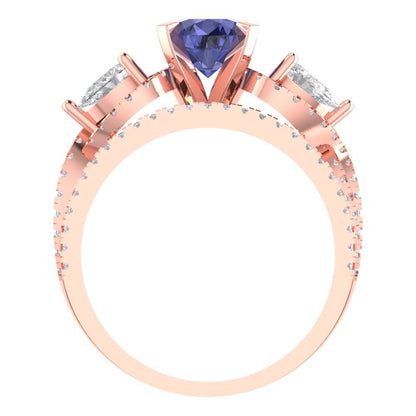 1.925 cttw Round Cut Simulated Tanzanite Bridal Set - Solid Rose Gold Engagement Ring & Wedding Band