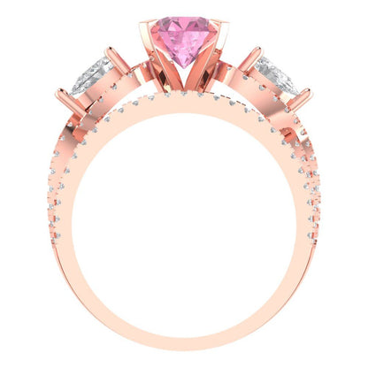 1.925 cttw Round Cut Simulated Pink Diamond Bridal Set - Solid Rose Gold Engagement Ring & Wedding Band