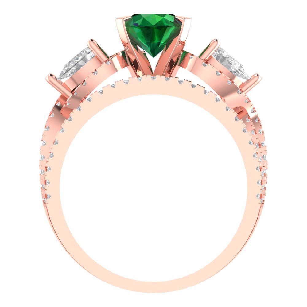 1.925 cttw Round Cut Simulated Emerald Bridal Set - Solid Rose Gold Engagement Ring & Wedding Band