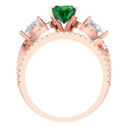 1.925 cttw Round Cut Simulated Emerald Bridal Set - Solid Rose Gold Engagement Ring & Wedding Band