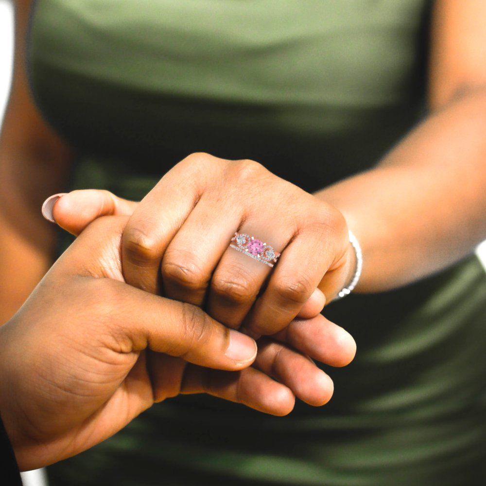 1.925 cttw Round Cut Simulated Pink Diamond Bridal Set - Solid Rose Gold Engagement Ring & Wedding Band