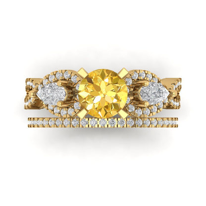 1.925 cttw Round Cut Simulated Yellow Diamond Bridal Set - Solid Yellow Gold Engagement Ring & Wedding Band