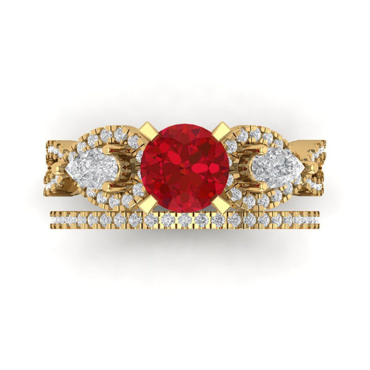 1.925 cttw Round Cut Simulated Ruby Bridal Set - Solid Yellow Gold Engagement Ring & Wedding Band