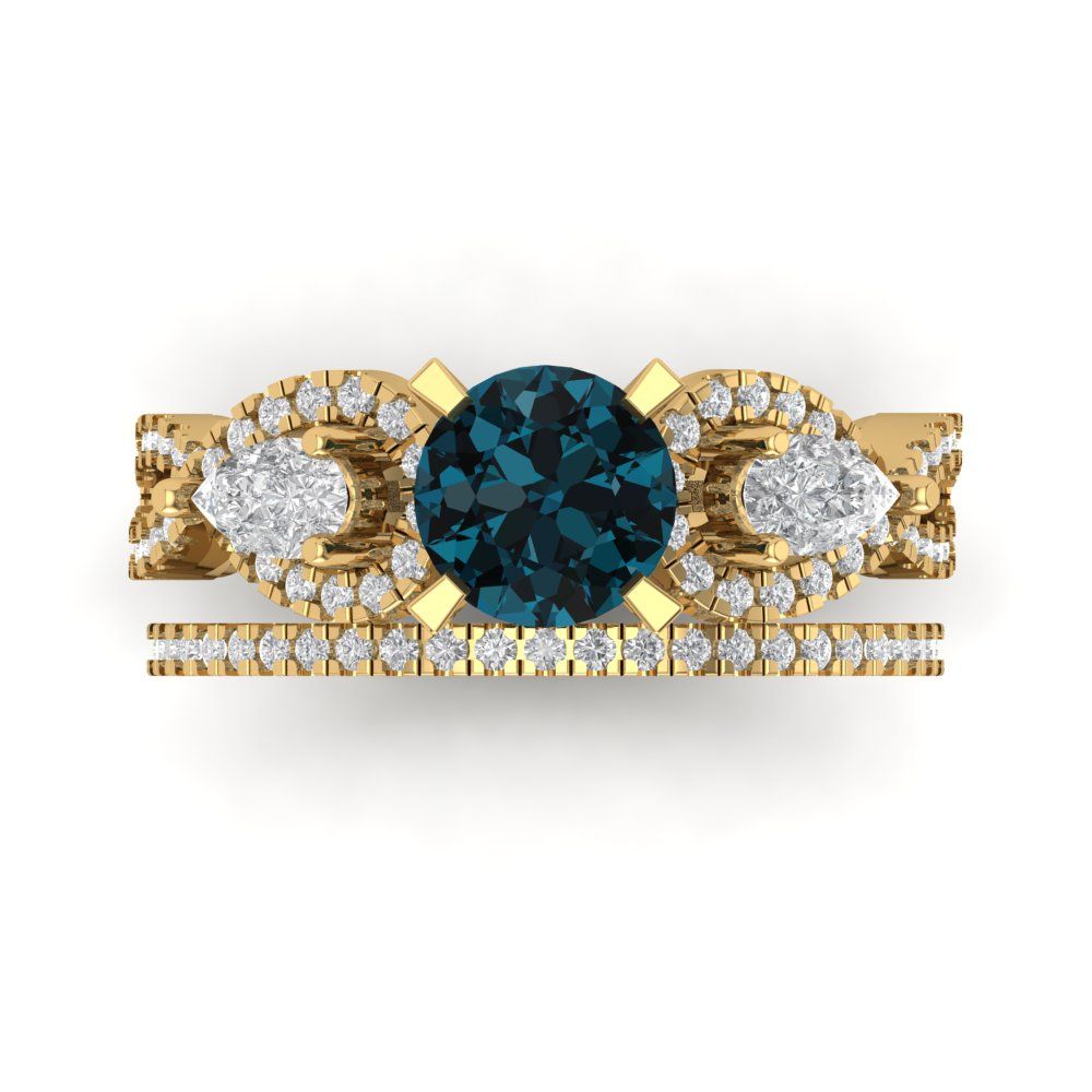 1.925 cttw Round Cut Natural London Blue Topaz Bridal Set - Solid Yellow Gold Engagement Ring & Wedding Band