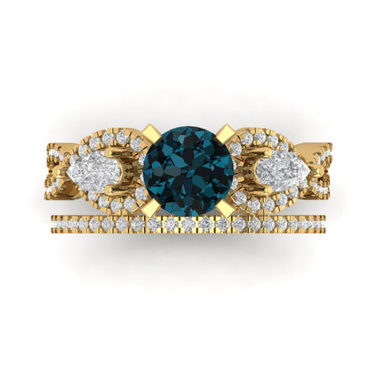 1.925 cttw Round Cut Natural London Blue Topaz Bridal Set - Solid Yellow Gold Engagement Ring & Wedding Band
