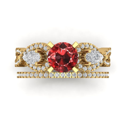 1.925 cttw Round Cut Natural Garnet Bridal Set - Solid Yellow Gold Engagement Ring & Wedding Band