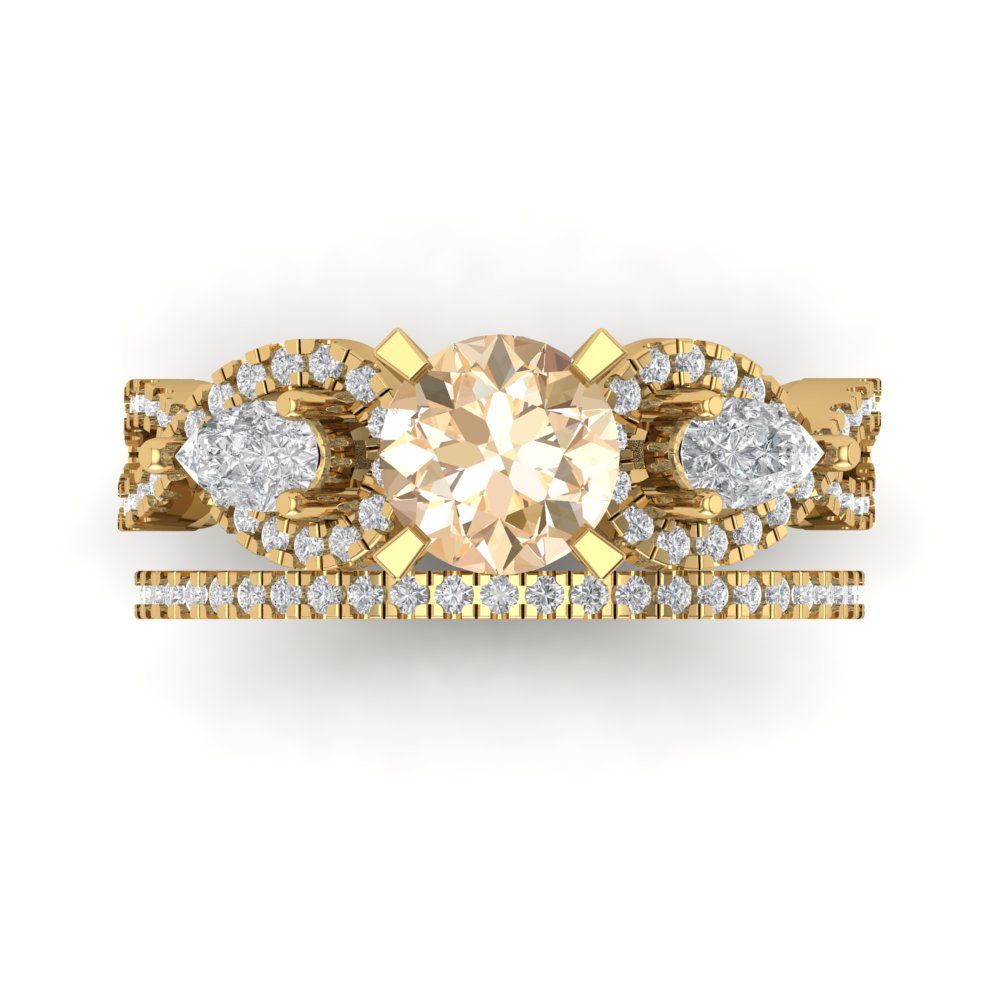 1.925 cttw Round Cut Natural Morganite Bridal Set - Solid Yellow Gold Engagement Ring & Wedding Band