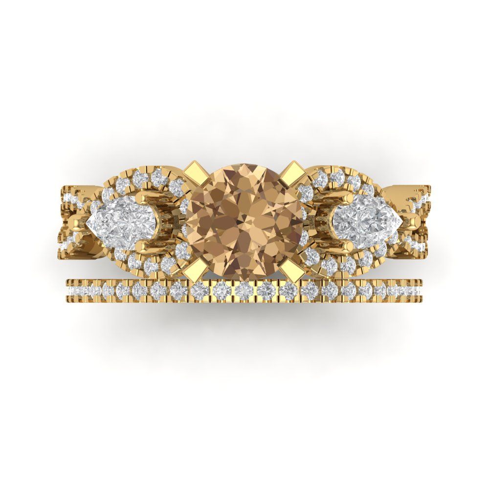 1.925 cttw Round Cut Simulated Champagne Diamond Bridal Set - Solid Yellow Gold Engagement Ring & Wedding Band