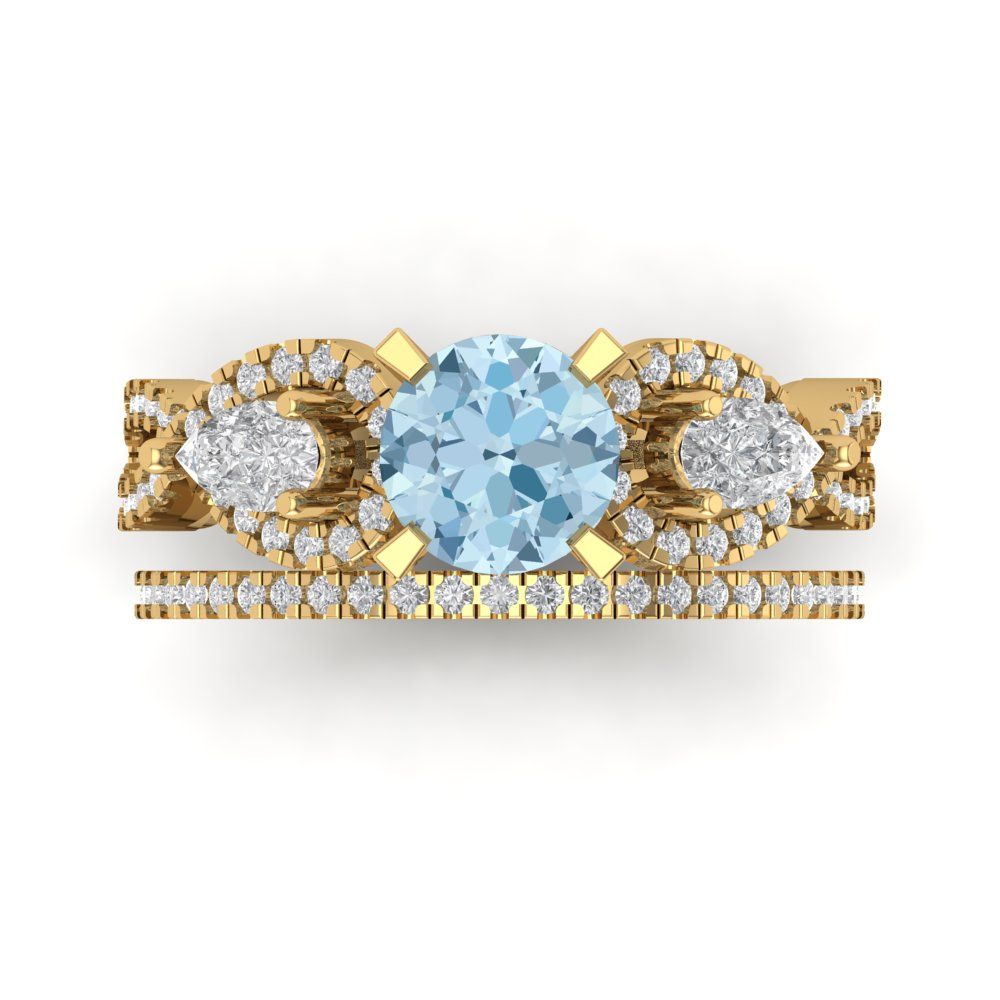 1.925 cttw Round Cut Natural Swiss Blue Topaz Bridal Set - Solid Yellow Gold Engagement Ring & Wedding Band