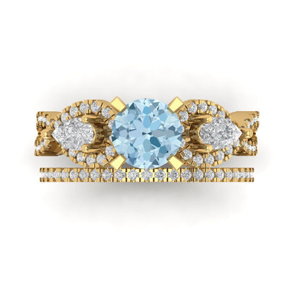 1.925 cttw Round Cut Natural Aquamarine Bridal Set - Solid Yellow Gold Engagement Ring & Wedding Band