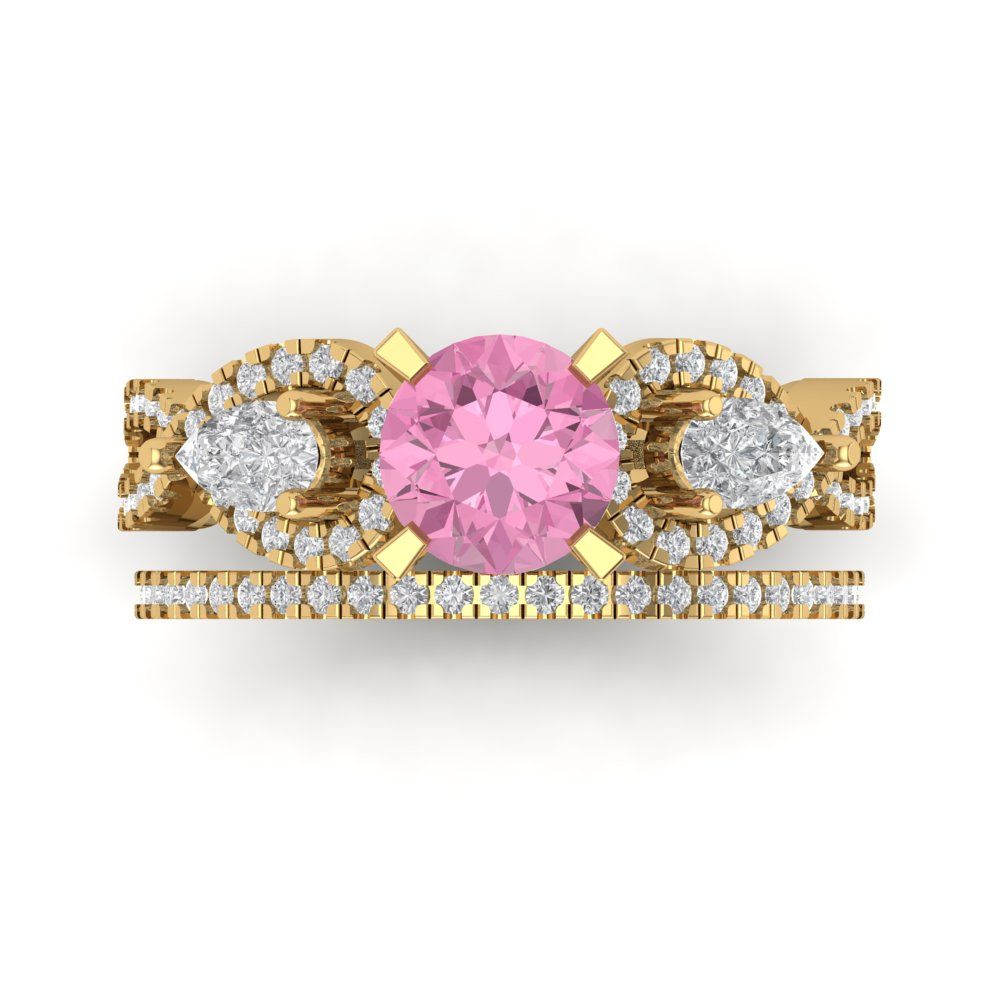 1.925 cttw Round Cut Simulated Pink Diamond Bridal Set - Solid Yellow Gold Engagement Ring & Wedding Band