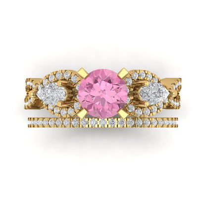1.925 cttw Round Cut Simulated Pink Diamond Bridal Set - Solid Yellow Gold Engagement Ring & Wedding Band