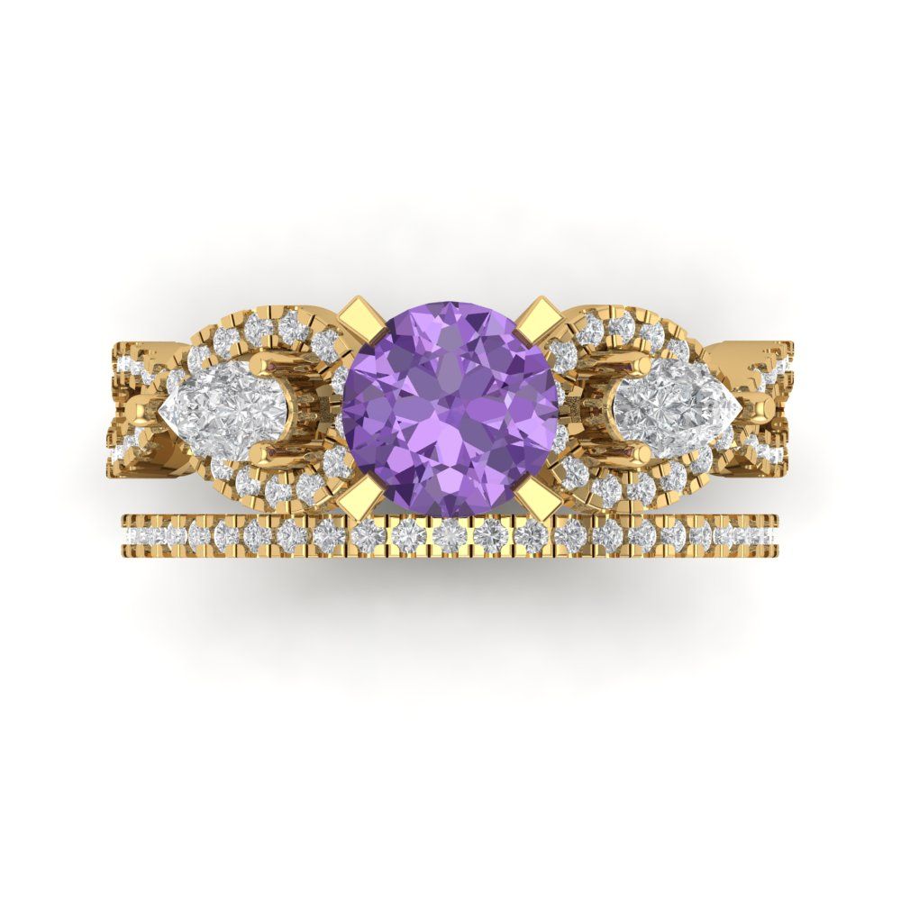 1.925 cttw Round Cut Simulated Alexandrite Bridal Set - Solid Yellow Gold Engagement Ring & Wedding Band