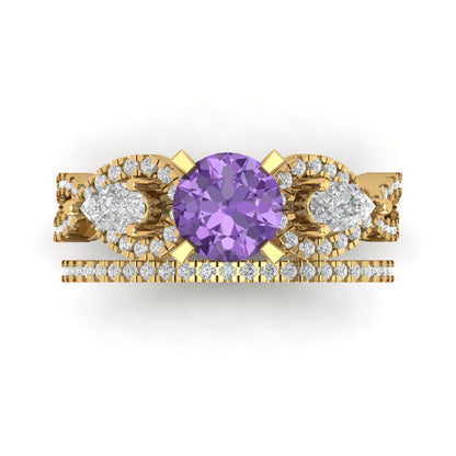1.925 cttw Round Cut Simulated Alexandrite Bridal Set - Solid Yellow Gold Engagement Ring & Wedding Band