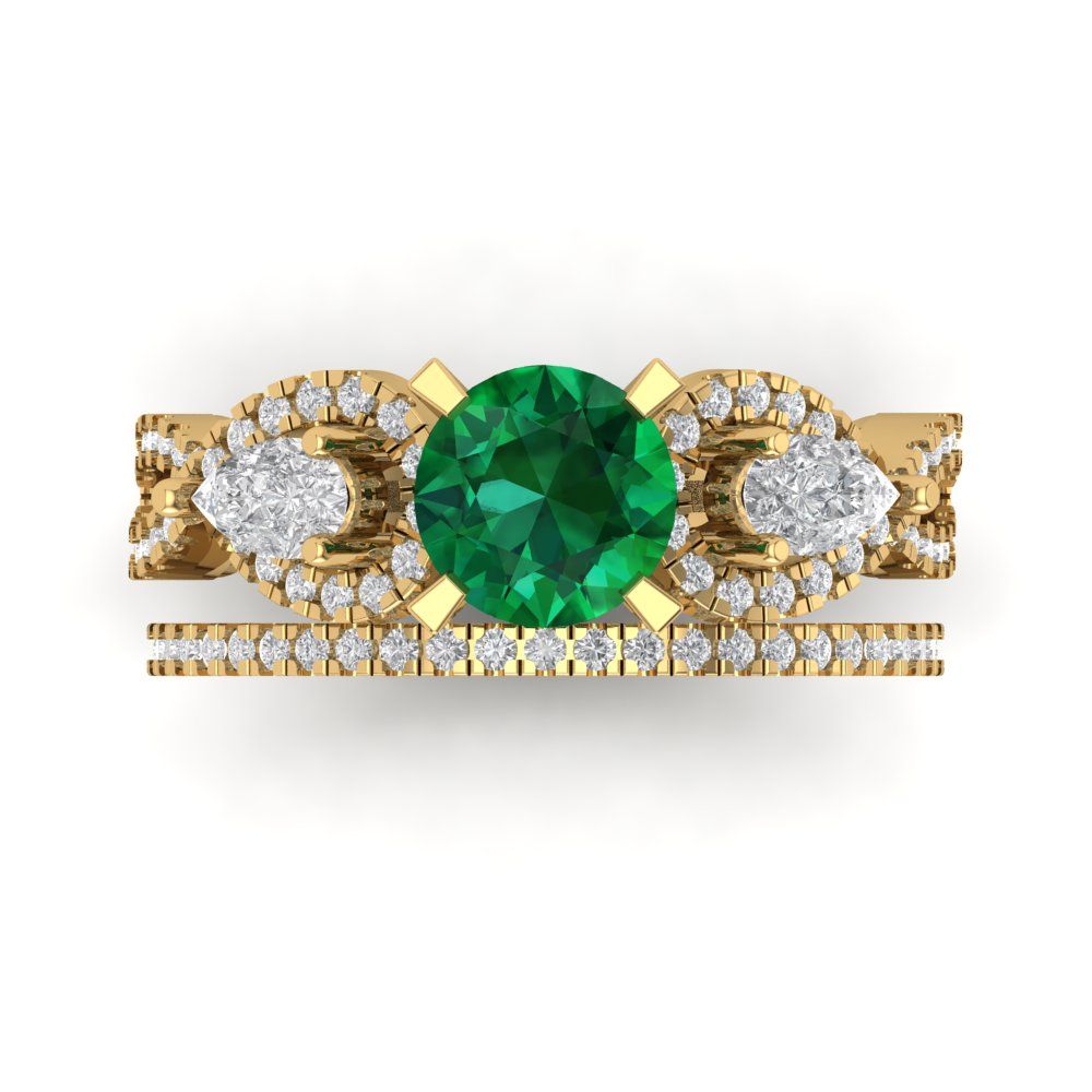 1.925 cttw Round Cut Simulated Emerald Bridal Set - Solid Yellow Gold Engagement Ring & Wedding Band