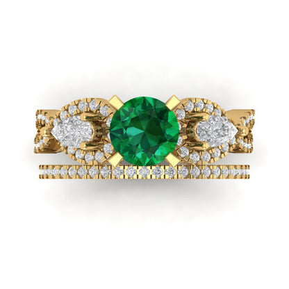 1.925 cttw Round Cut Simulated Emerald Bridal Set - Solid Yellow Gold Engagement Ring & Wedding Band