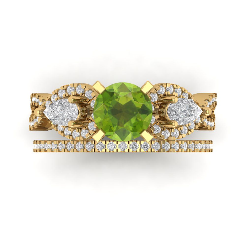 1.925 cttw Round Cut Natural Peridot Bridal Set - Solid Yellow Gold Engagement Ring & Wedding Band
